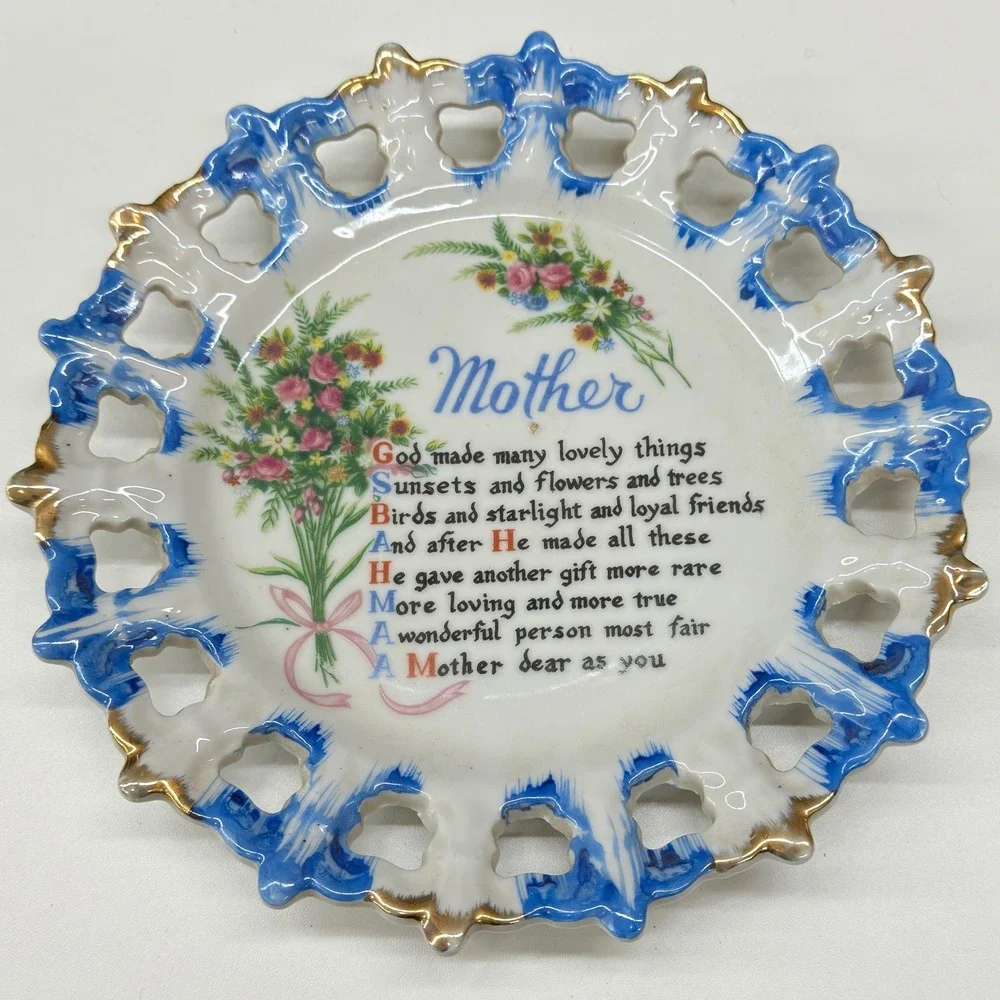 Vintage Mother Poem Collector Plate Reticulated Edge Blue Gold Trim Japan 8 inch
